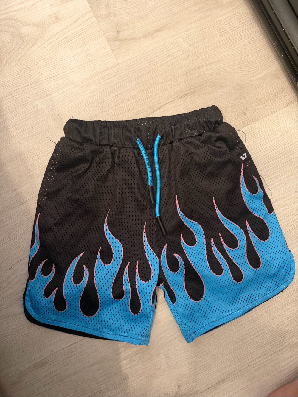 Kids Black & Blue Flame Mesh Shorts with Drawstring